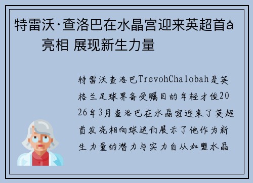 特雷沃·查洛巴在水晶宫迎来英超首发亮相 展现新生力量